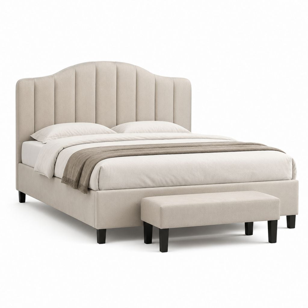 Letto matrimoniale imbottito beige in poliestere con panca 160 x 200 cm