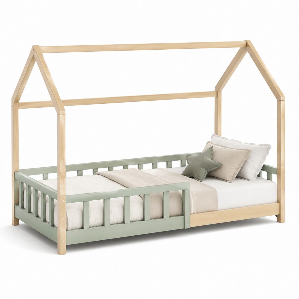 Letto a casetta per bambini in legno massello di pino verde salvia e naturale 90 x 200 cm