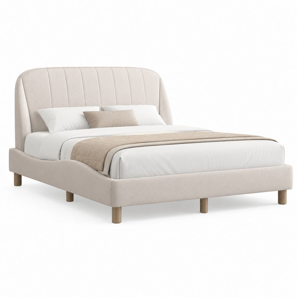 Letto matrimoniale imbottito beige in poliestere con testiera arrotondata 160 x 200 cm