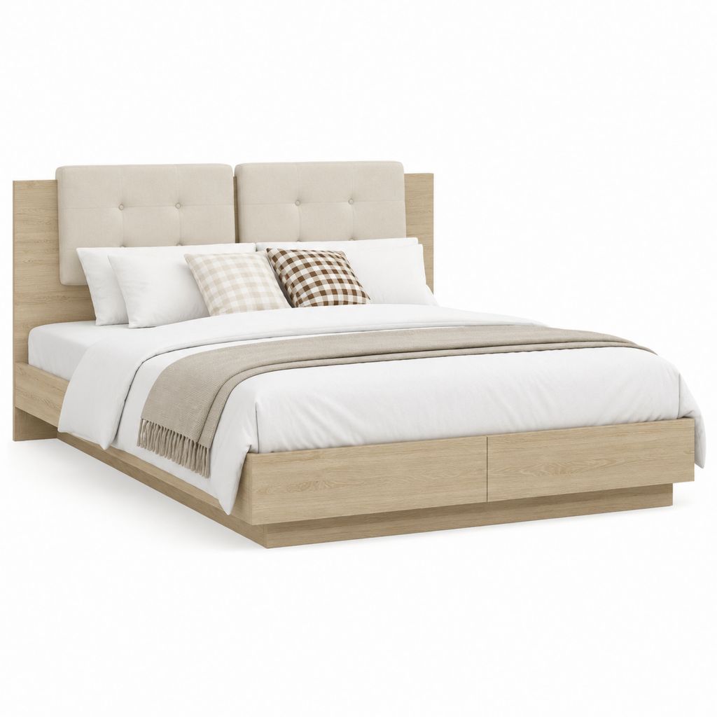 Letto matrimoniale con testiera imbottita beige in pannello truciolare nobilitato 175 x 215 x 110 cm