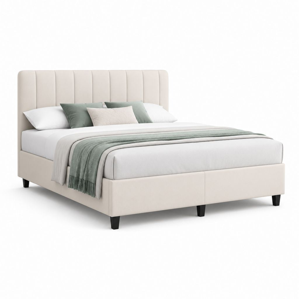 Letto matrimoniale imbottito beige in poliestere con testiera a pannelli 160 x 200 cm