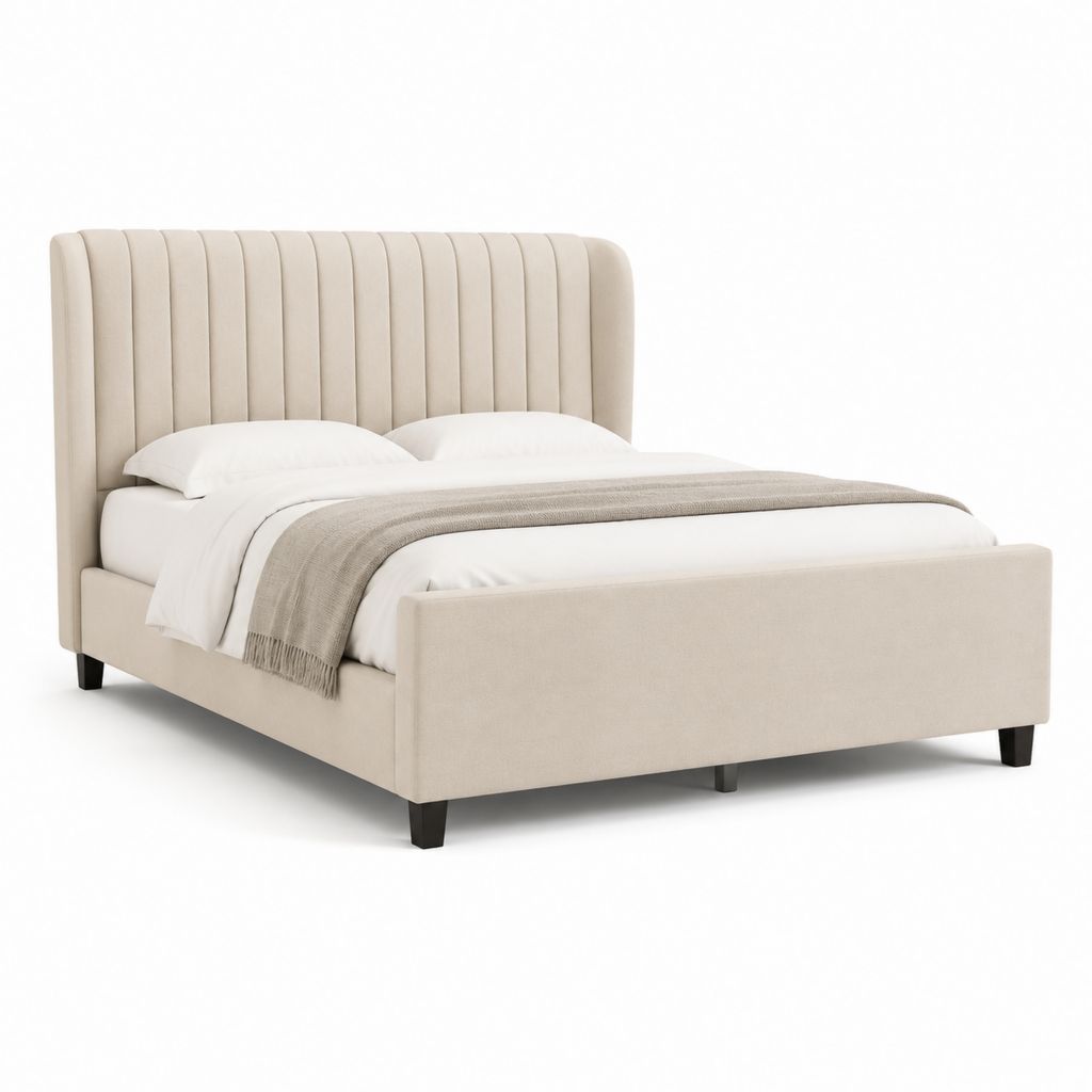 Letto matrimoniale imbottito beige in poliestere rettangolare con testiera per materasso 160 x 200 cm 174 x 214 x 120 cm