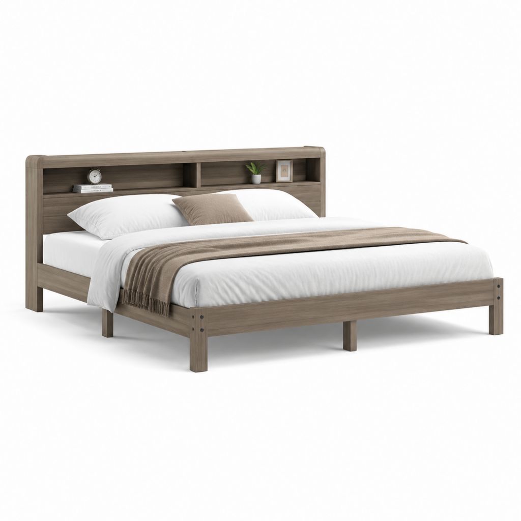 Letto matrimoniale con testiera a mensole rovere grigio in MDF 160 x 200 cm