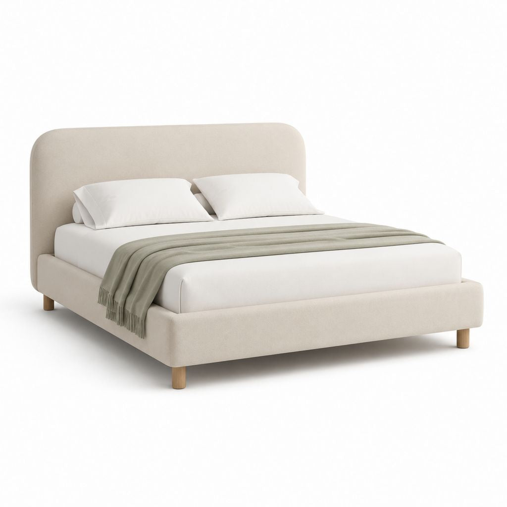 Letto matrimoniale imbottito beige in poliestere con testiera arrotondata 160 x 200 cm