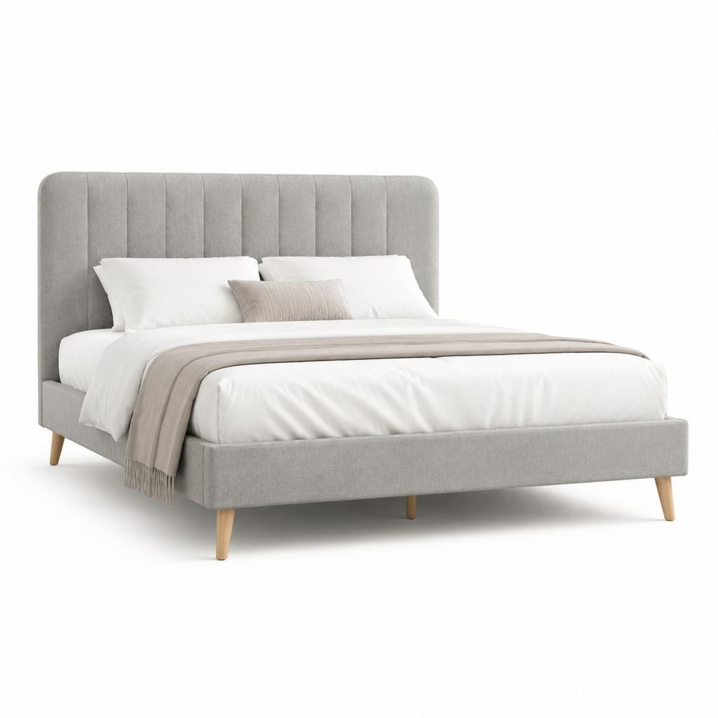Letto matrimoniale imbottito grigio chiaro in poliestere con testiera arrotondata 160 x 200 cm
