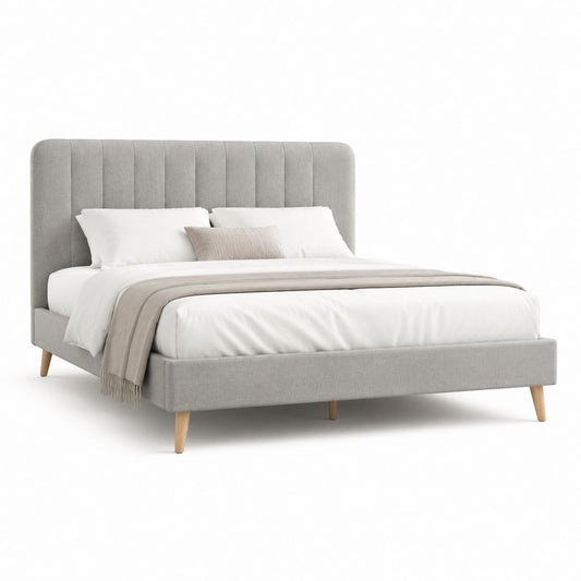 Letto matrimoniale imbottito grigio chiaro in poliestere con testiera arrotondata 160 x 200 cm