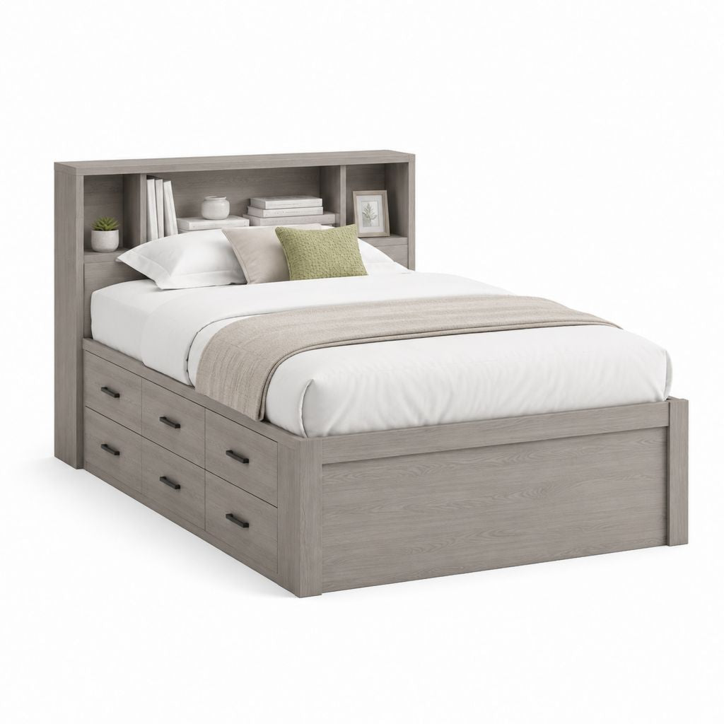 Letto matrimoniale con 6 cassetti e testiera libreria grigio rovere in pannello truciolare 170 x 218 x 120 cm per materasso 160 x 200 cm