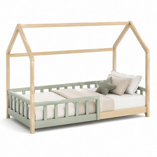 Letto a casetta per bambini in legno massello di pino verde salvia e naturale 90 x 200 cm