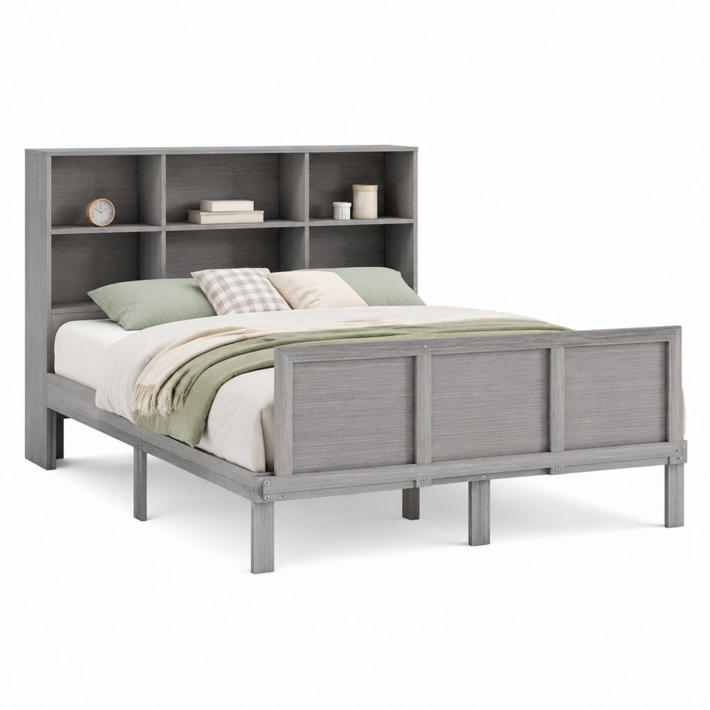 Letto matrimoniale grigio in pannelli di particelle con testiera a scaffali 160 x 200 cm