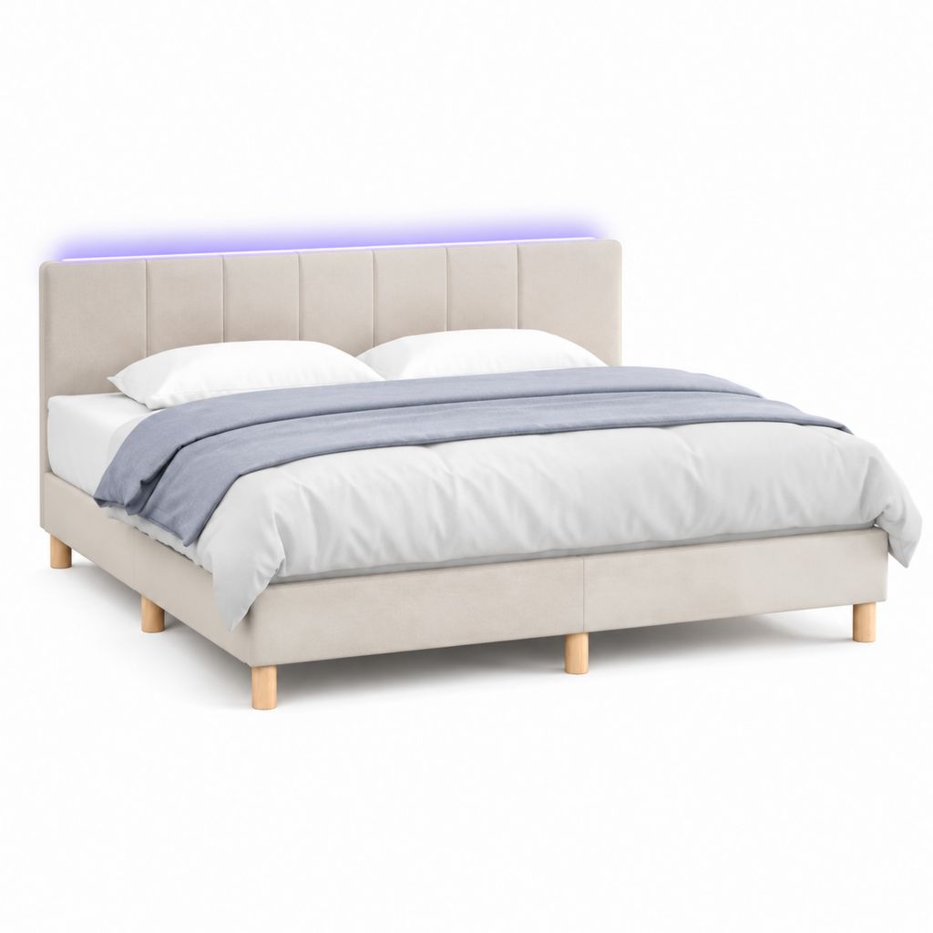 Letto matrimoniale imbottito beige in poliestere con testiera LED 160 x 200 cm