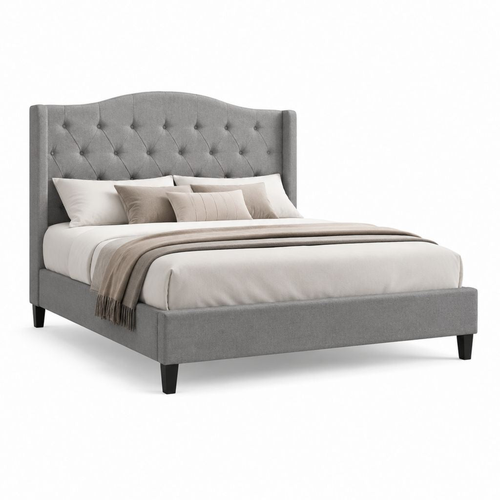 Letto matrimoniale grigio in poliestere con testiera imbottita capitonné 160 x 200 cm