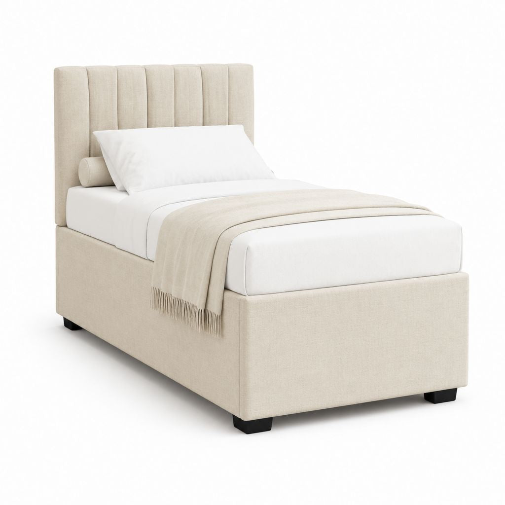 Letto singolo imbottito beige in poliestere con testiera a pannelli 90 x 200 cm