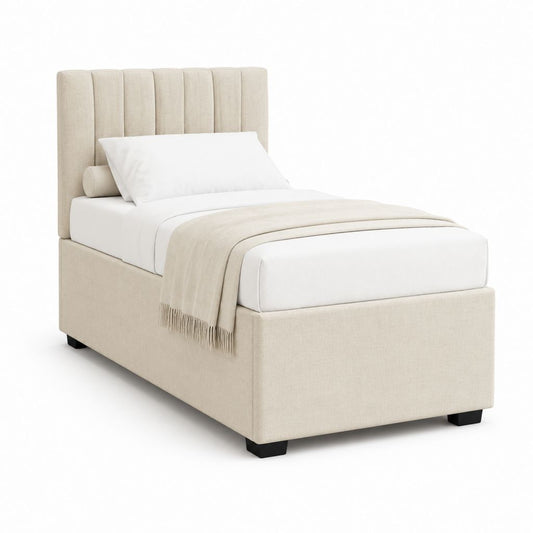 Letto singolo imbottito beige in poliestere con testiera a pannelli 90 x 200 cm