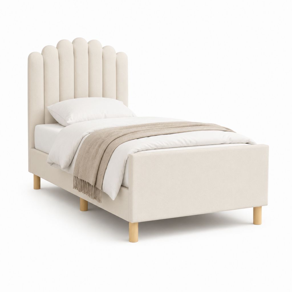 Letto singolo imbottito beige in poliestere con testiera scanalata 90 x 190 cm