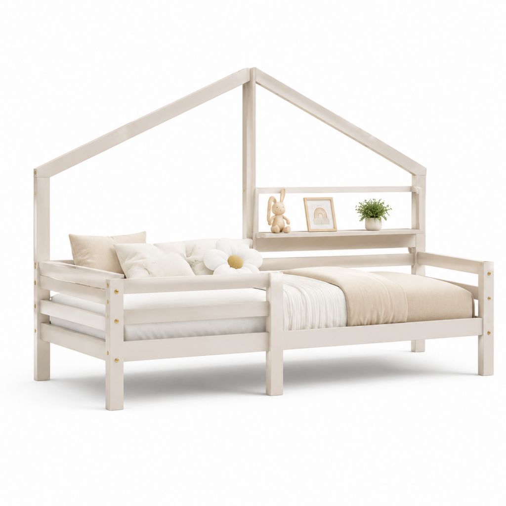 Letto per bambini a casetta bianco in legno massello di pino 90 x 190 cm