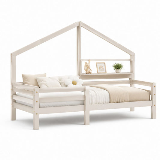 Letto per bambini a casetta bianco in legno massello di pino 90 x 190 cm