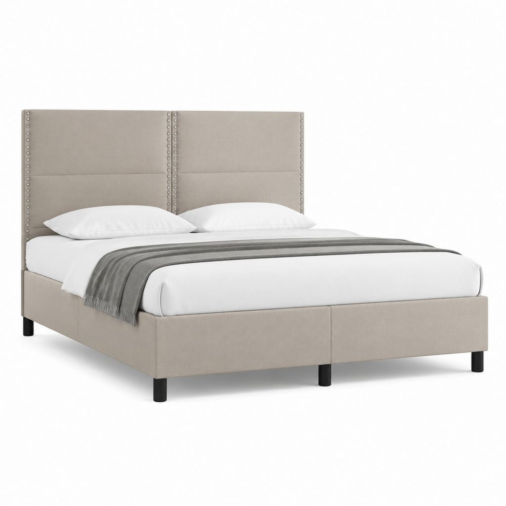 Letto matrimoniale imbottito beige in poliestere con testiera alta 170 x 215 x 120 cm