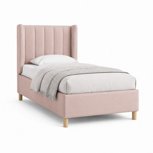 Letto singolo imbottito rosa in velluto di poliestere con testiera 90 x 190 cm