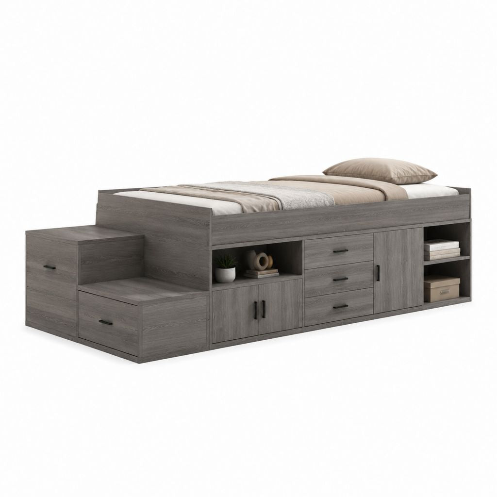 Letto singolo a pedana grigio in pannelli truciolari con contenitori 90 x 190 cm