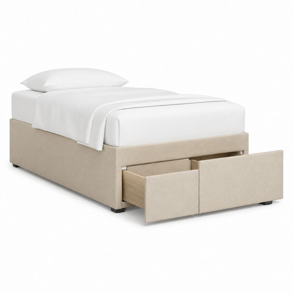 Letto singolo contenitore beige in poliestere con 2 cassetti 90 x 190 cm