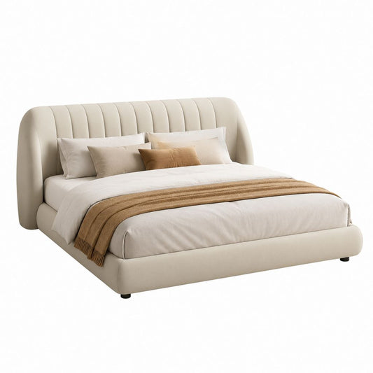 Letto matrimoniale imbottito rettangolare crema in pelle PU 160 x 200 cm